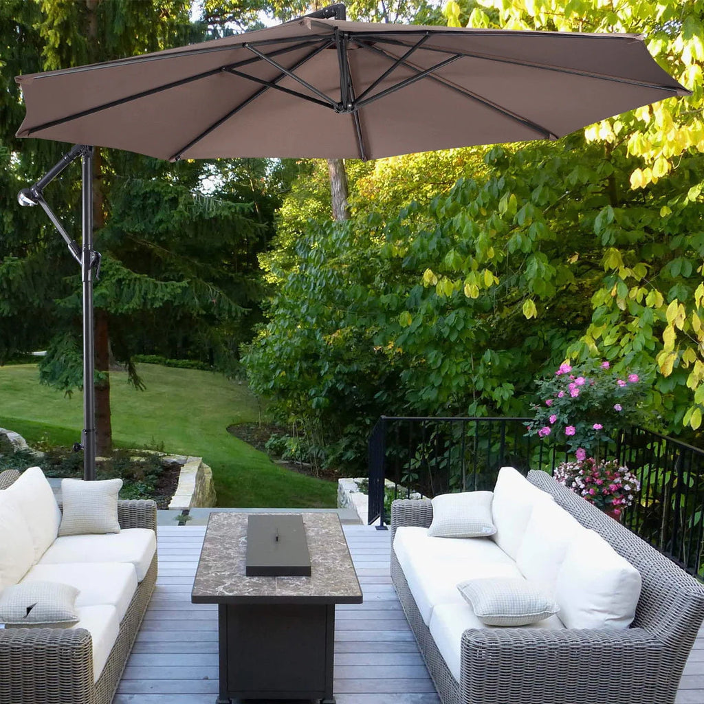 10' Hanging Patio Umbrella with Cross Base Tan Y8497
