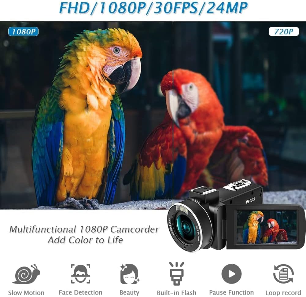 1080P 24MP 30FPS Digital Camcorder with LED Fill Light 18X Zoom 3.0 Inch 270 Degree Rotation 2 Batteries L67424