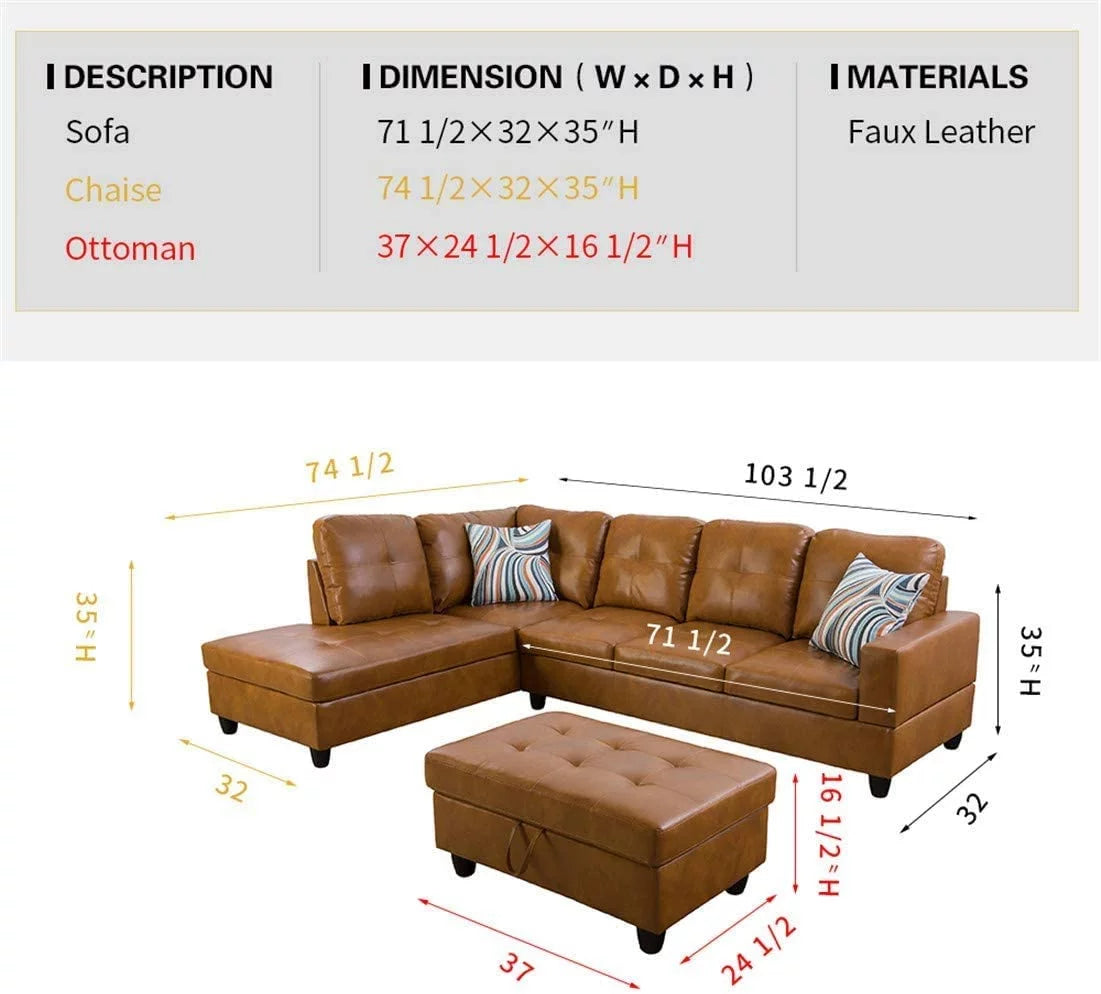 Caramel Leather Sectional Sofa with Storage Ottoman R78324