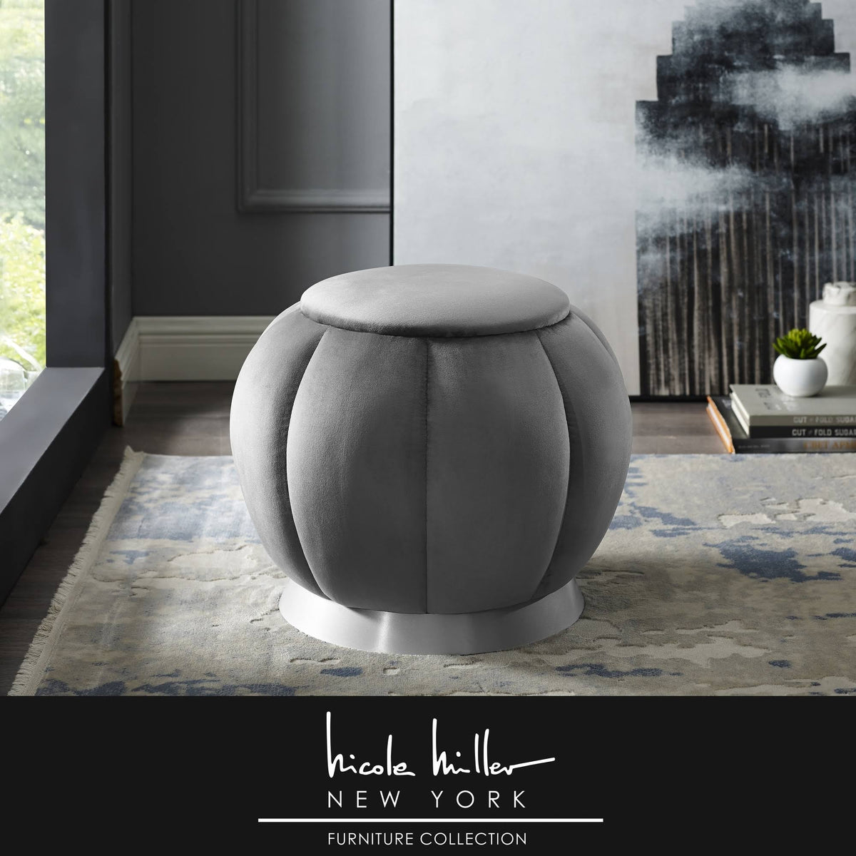 Grey Upholstered Ottoman with Gold Matte Base V741