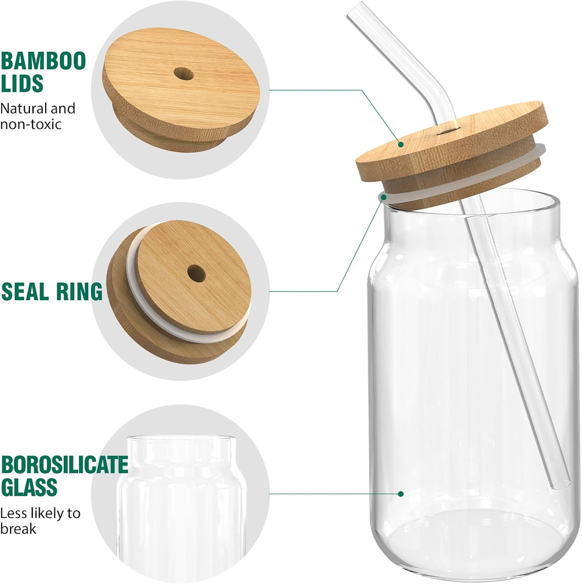 9pcs 16 oz Drinking Glasses with Bamboo Lids and Glass Straw I4896