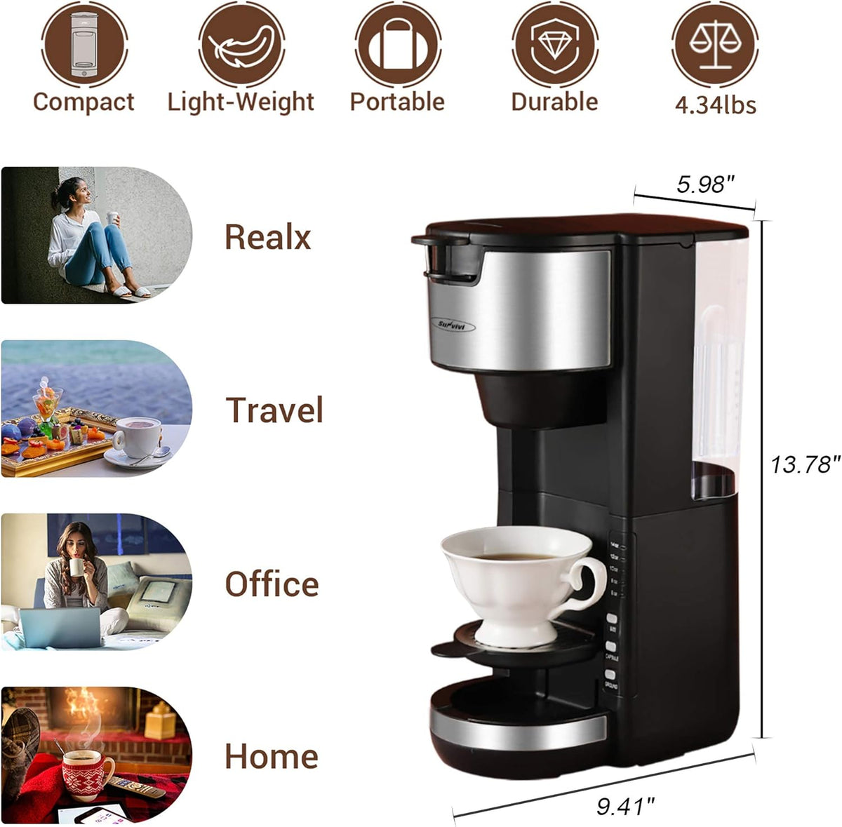 Single Serve Coffee Maker with Adjustable Drip Tray 30oz Removable Reservoir I489598
