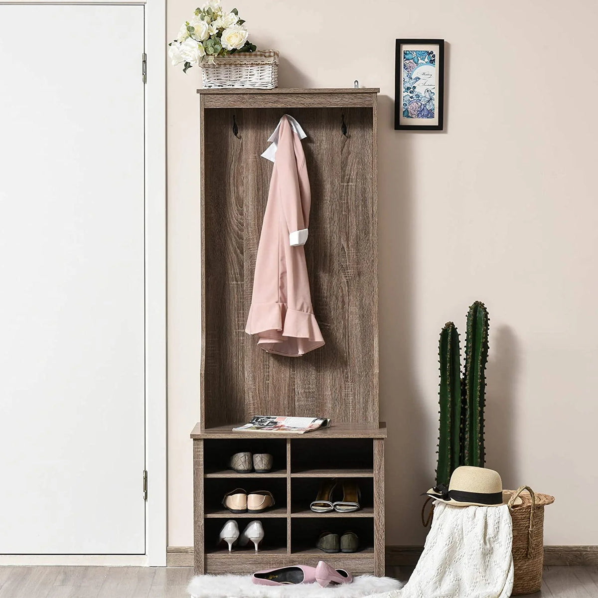 Rustic Brown Hall Tree with Coat Rack and Storage G775024