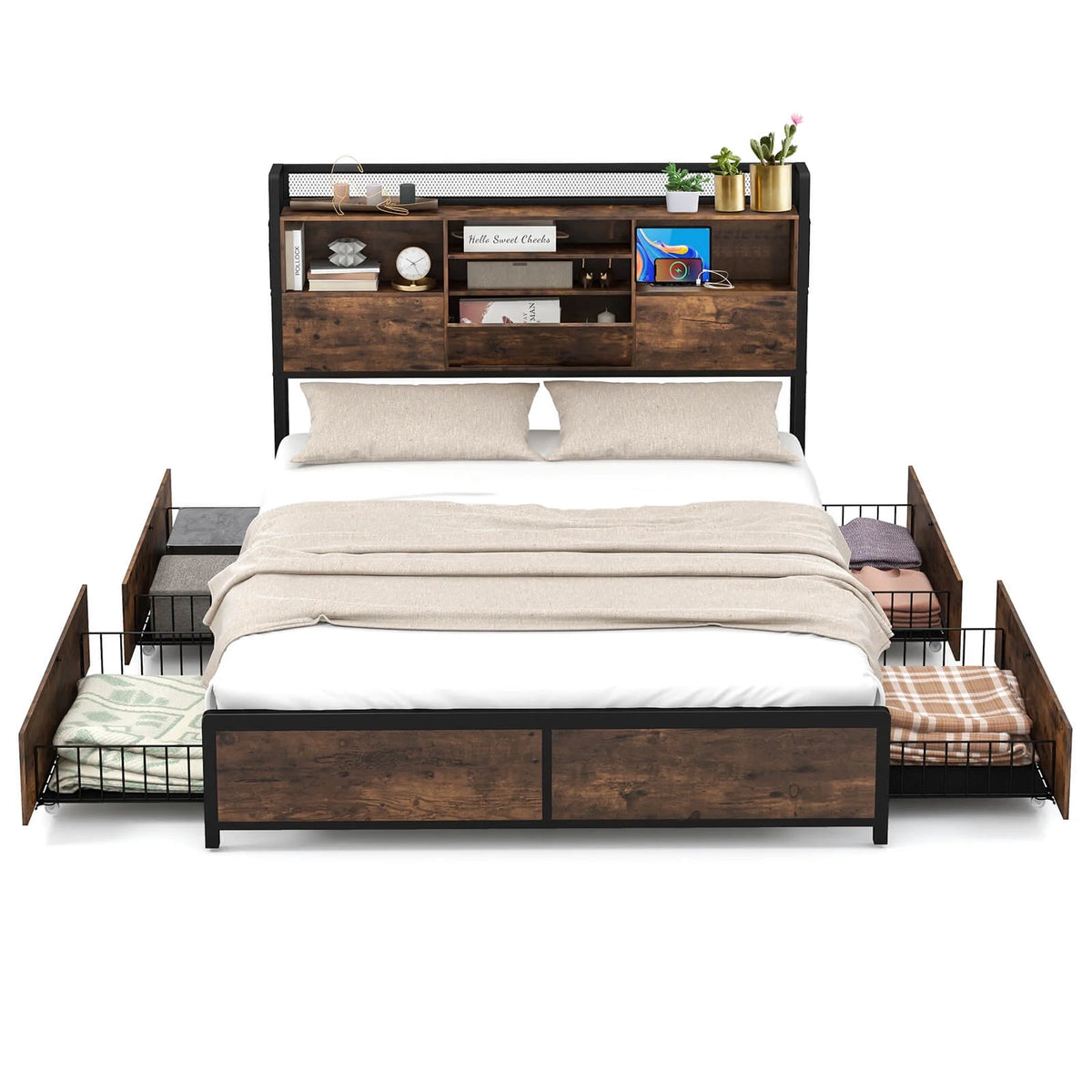 Queen Size Bed Frame with Bookcase Headboard and 4 Storage Drawers F9712
