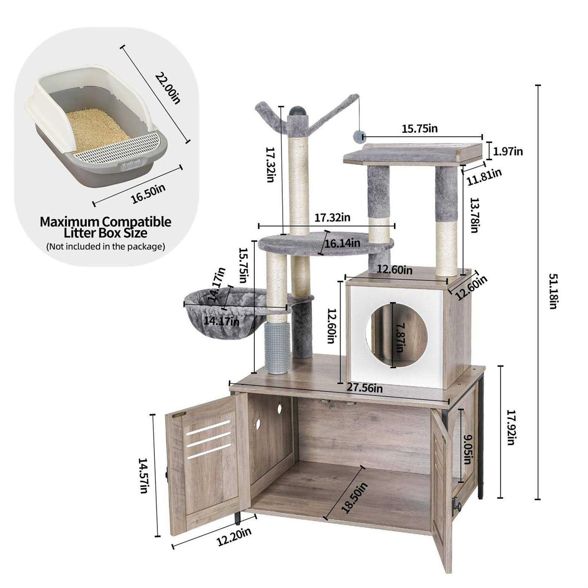 Wooden Cat Litter Box Enclosure with Cat Tree R10256