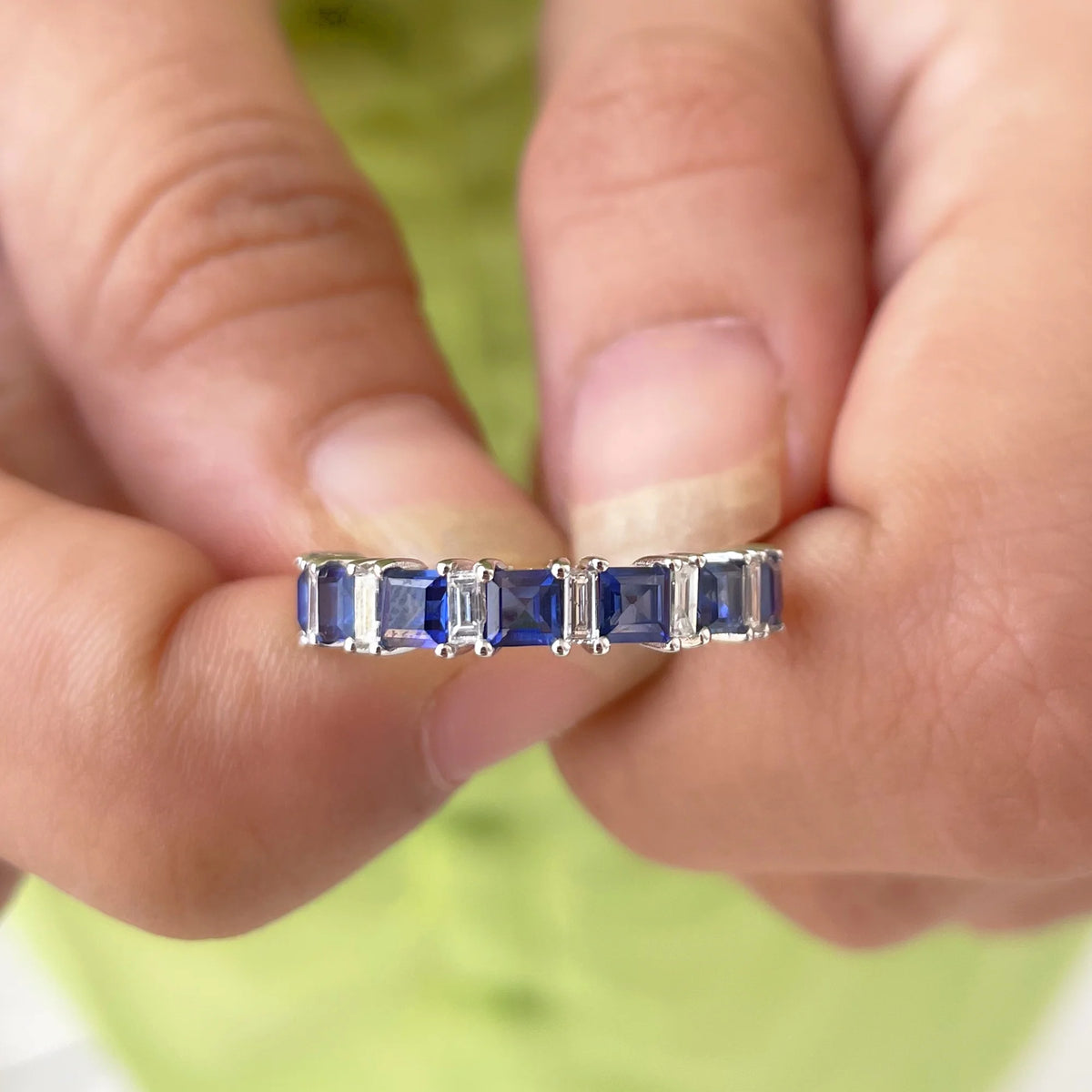14K White Gold Princess Cut Blue Sapphire Half Eternity Ring with Diamond X8399