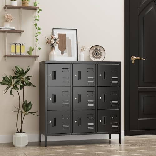 Metal Locker with Padlock and Keys, 9 Doors Black Steel Storage Locker Cabinet P5748