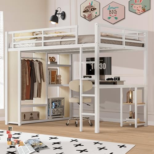 Queen Heavy Duty Metal Loft Bed with L-Shaped Desk, Wardrobe & 5 Storage Shelves O9761