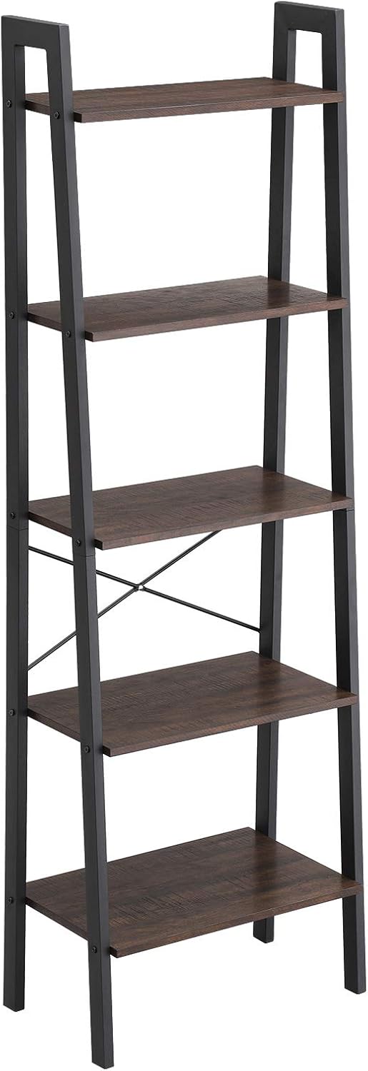 Rustic Dark Brown 5-Tier Ladder Shelf with Metal Frame L5067