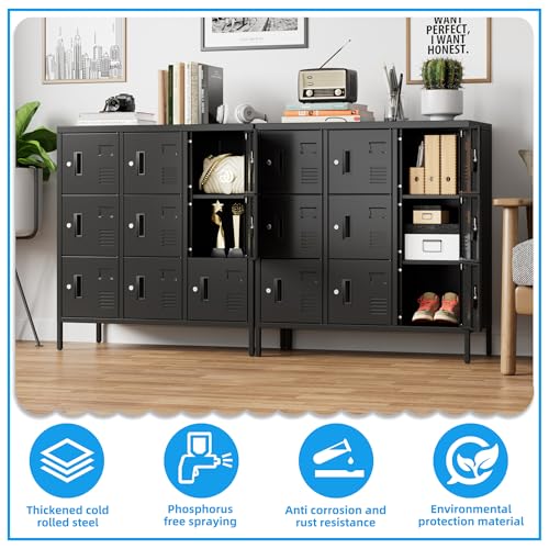 Metal Locker with Padlock and Keys, 9 Doors Black Steel Storage Locker Cabinet P5748