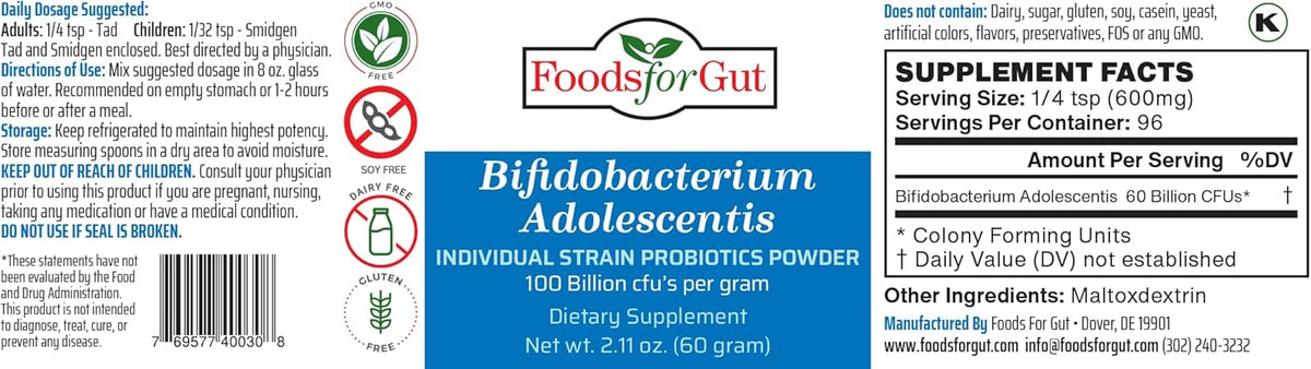 Bifidobacterium Adolescentis Probiotic Powder 100 Billion cfu's 60 Gram Z95212