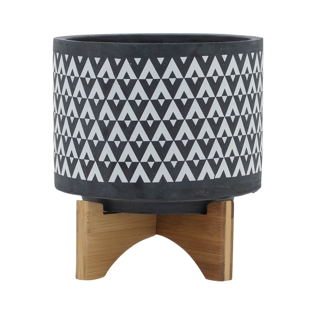 Ceramic Aztec Planter on Wooden Stand, Gray, 8"L X 8"W X 9"H M188885