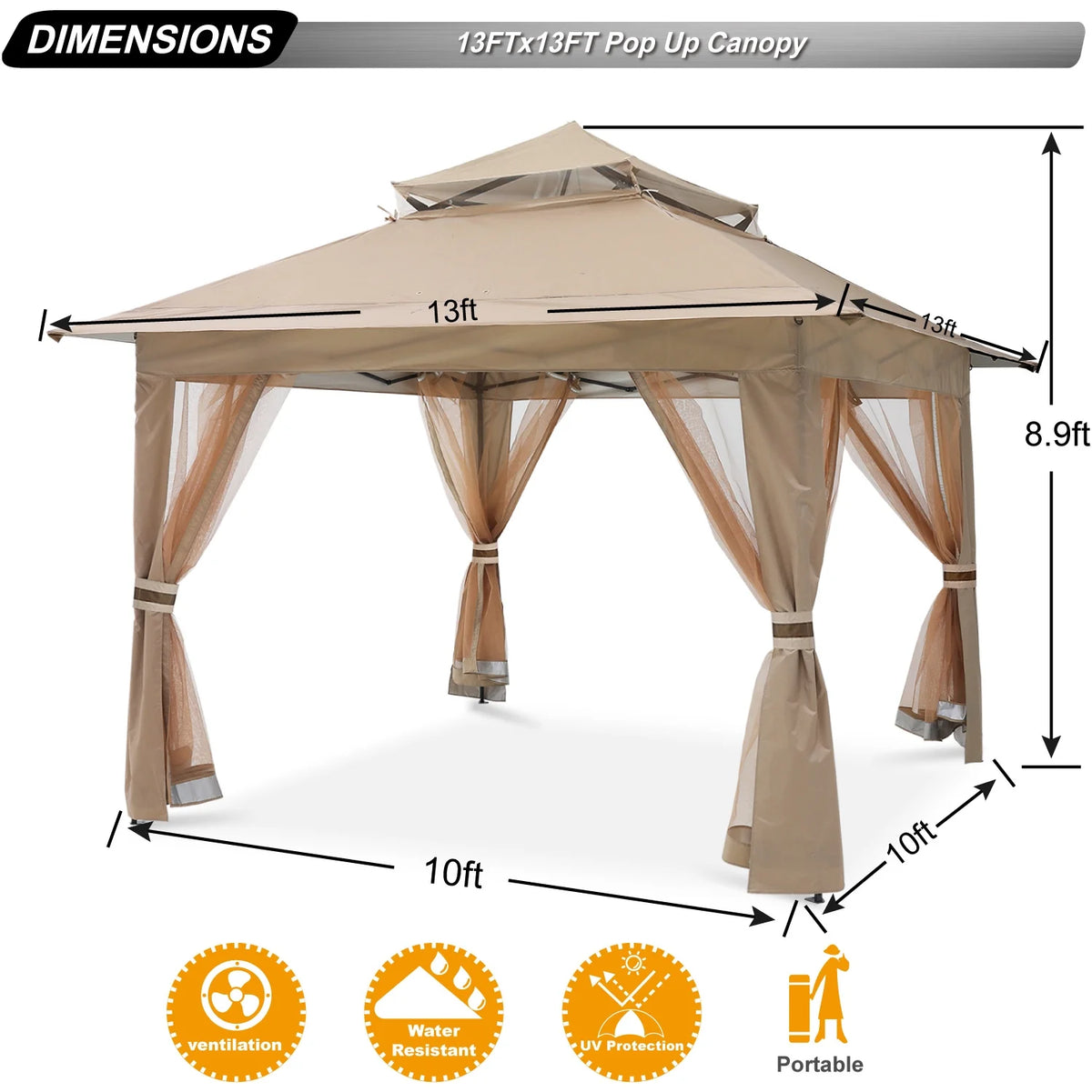 13'x13' Khaki Pop up Gazebo Canopy with Mosquito Netting F819