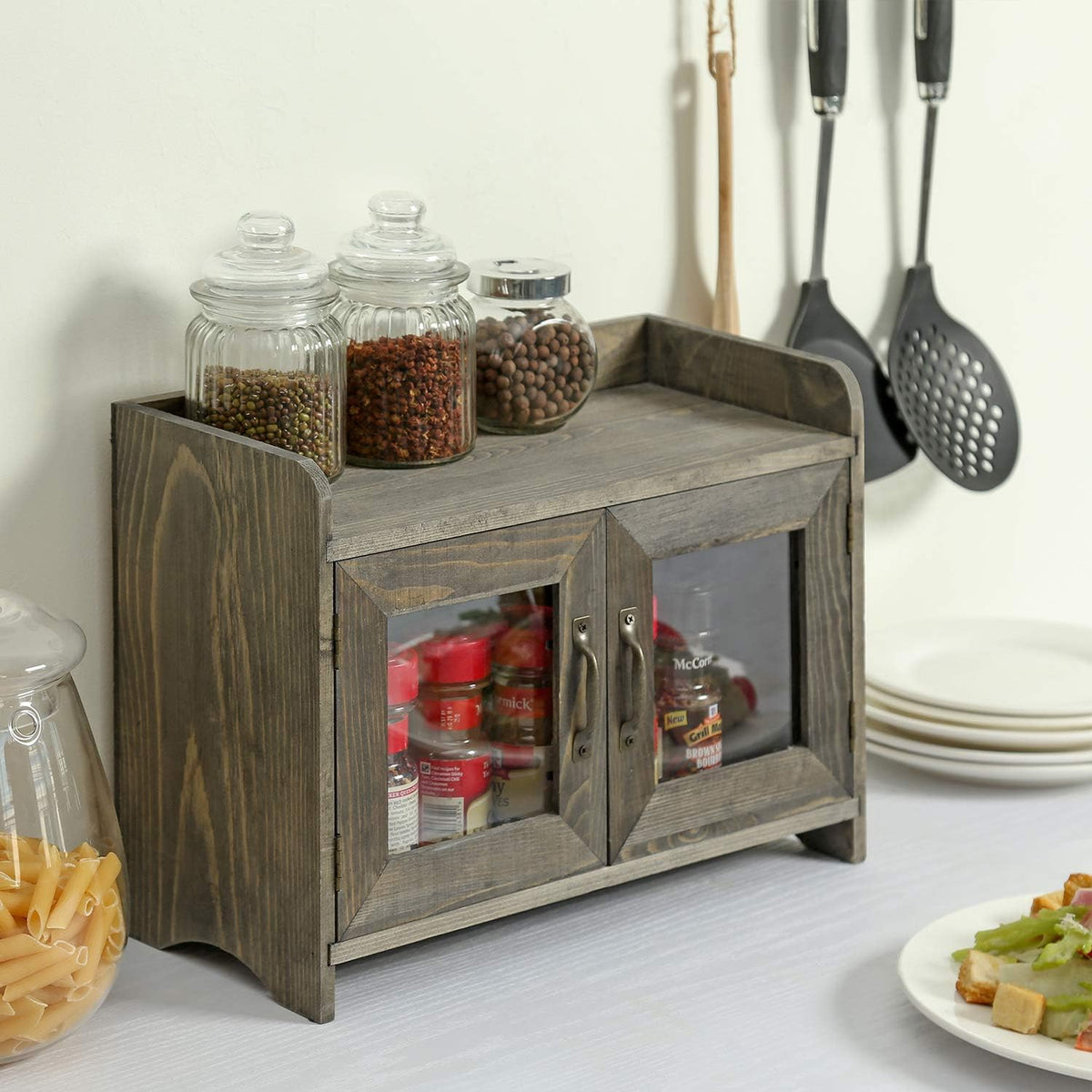 Rustic Gray Wood Storage Cabinet Shelves with Glass Windows Pack of 2 H654752