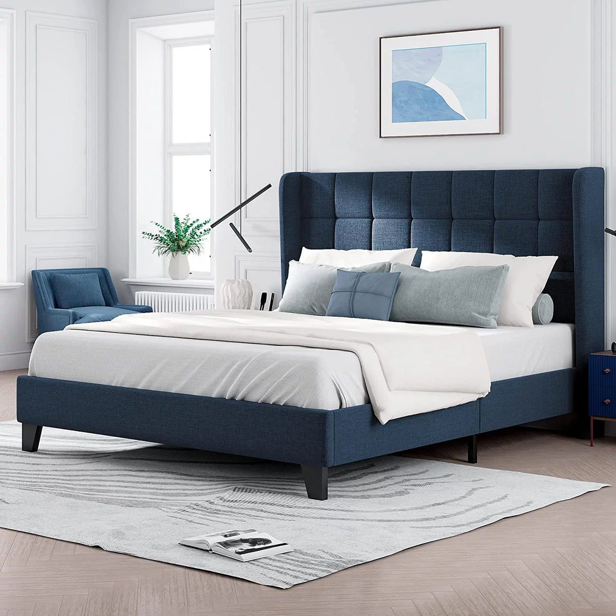 Queen Size Wingback Fabric Upholstered Platform Bed Frame D629