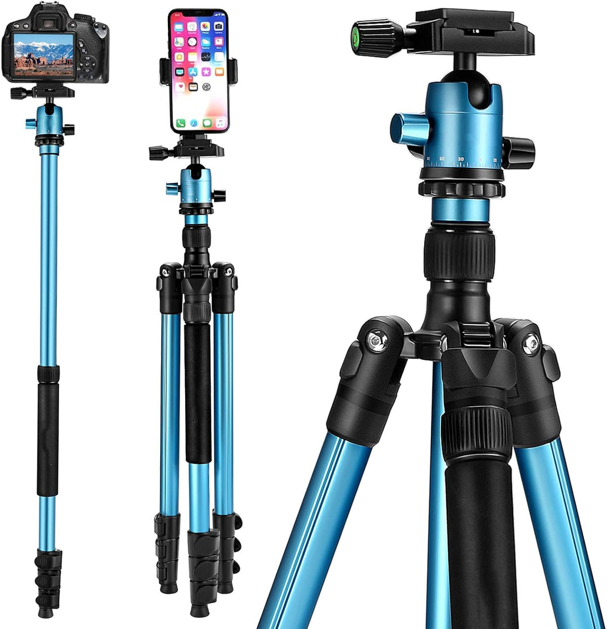 Camera Tripod with Phone Mount, 65 DSLR Tripod, Ball Head, Monopod, Carry Bag, Black R721314