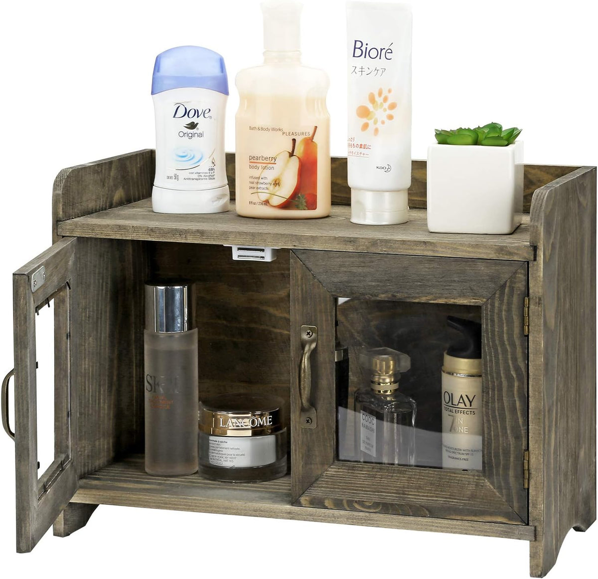 Rustic Gray Wood Storage Cabinet Shelves with Glass Windows Pack of 2 H654752