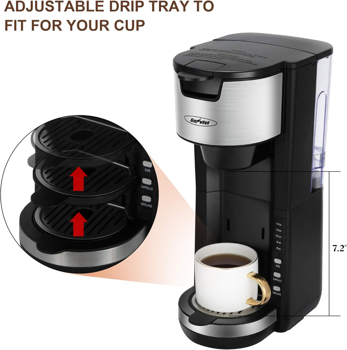 Single Serve Coffee Maker with Adjustable Drip Tray 30oz Removable Reservoir I489598