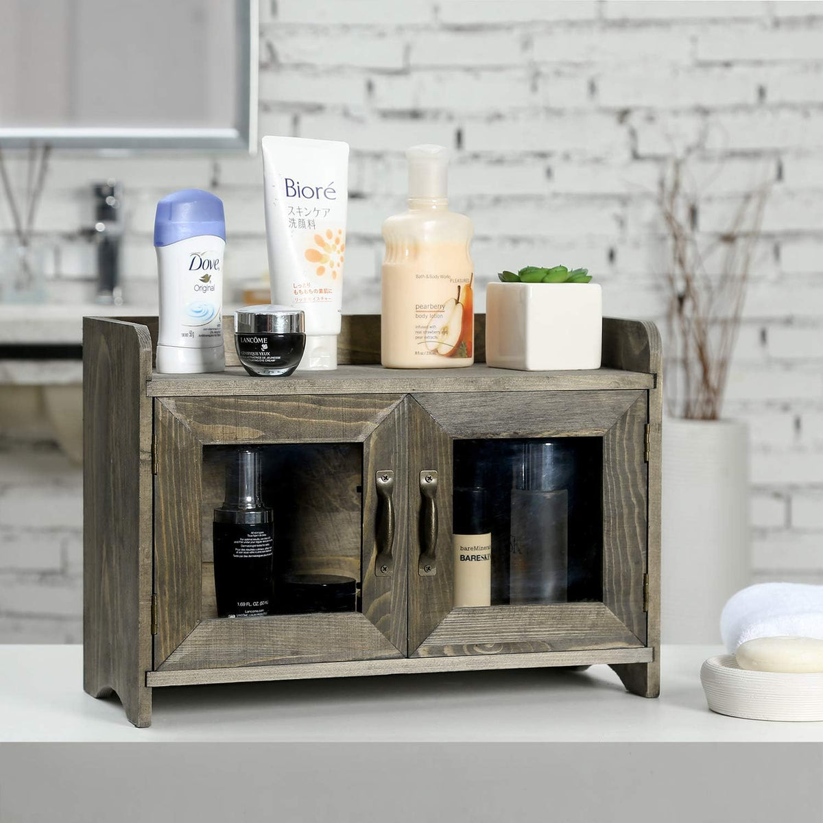 Rustic Gray Wood Storage Cabinet Shelves with Glass Windows Pack of 2 H654752