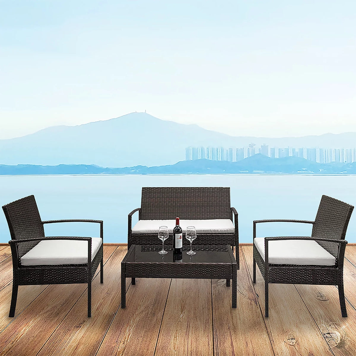 4 Pieces Brown Rattan Patio Conversation Set Y552503