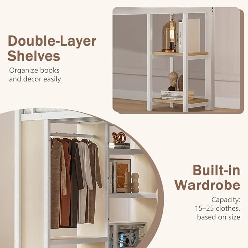 Queen Heavy Duty Metal Loft Bed with L-Shaped Desk, Wardrobe & 5 Storage Shelves O9761