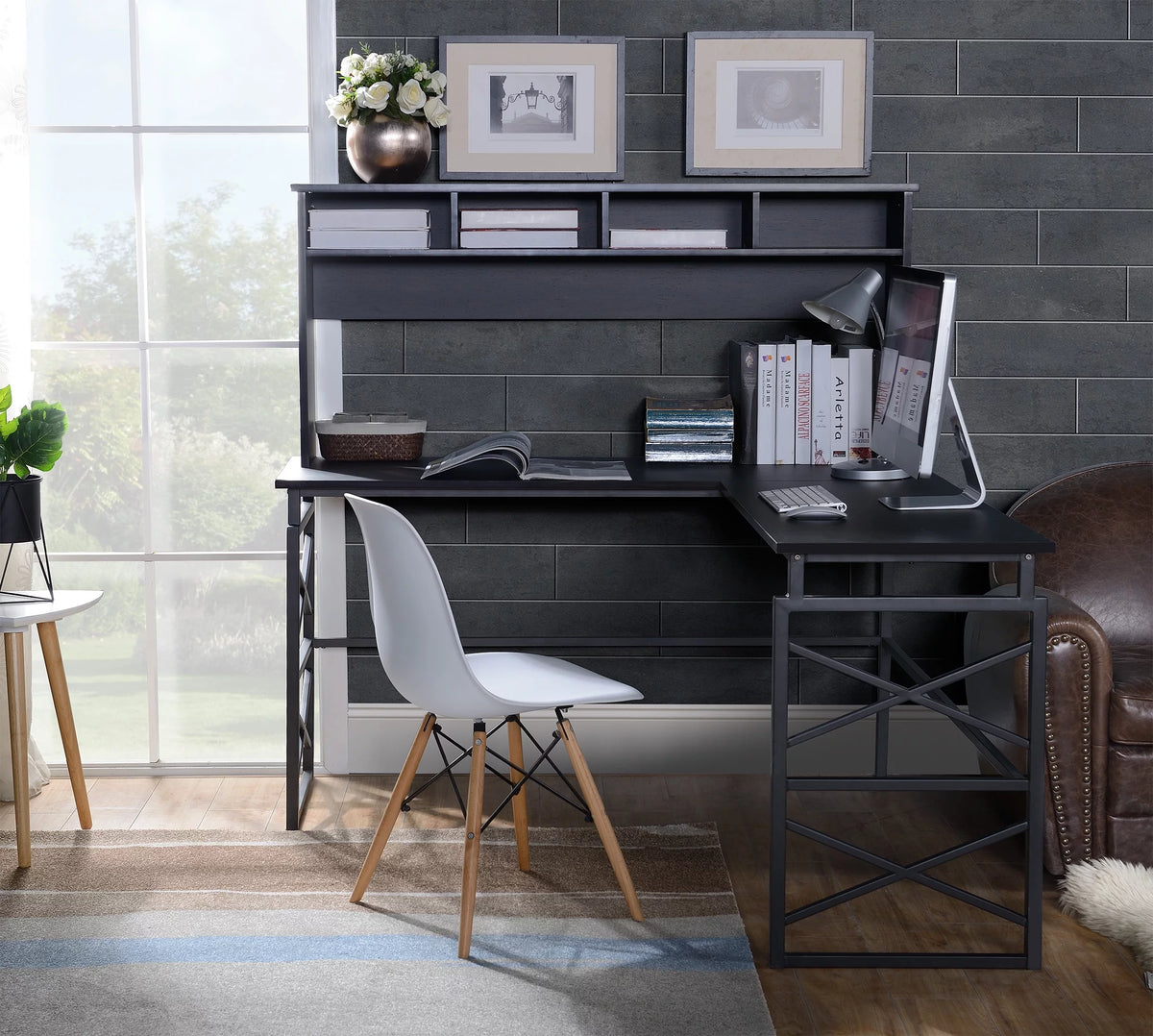 Dark Brown Wood L Desk with Metal Base I375411