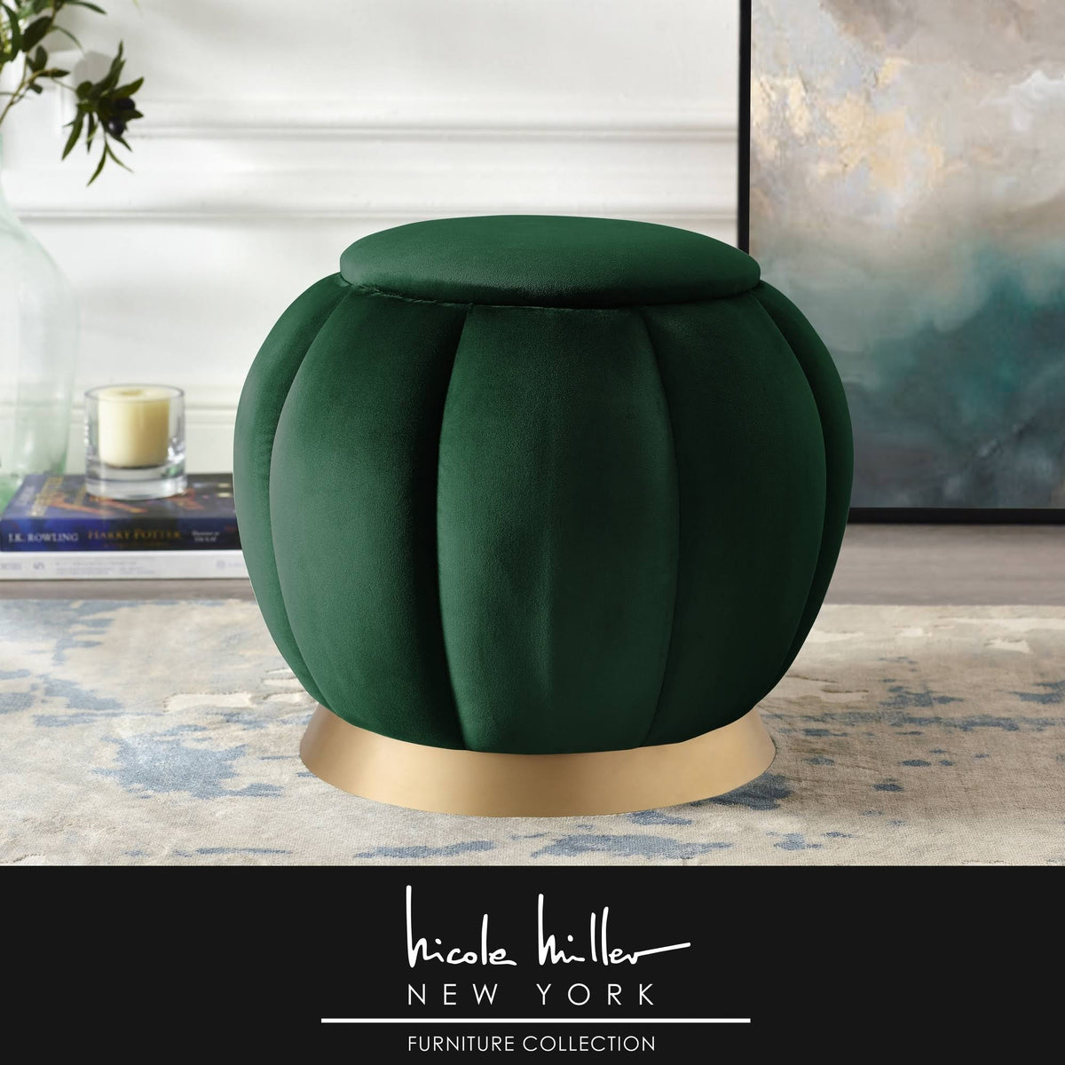 Grey Upholstered Ottoman with Gold Matte Base V741