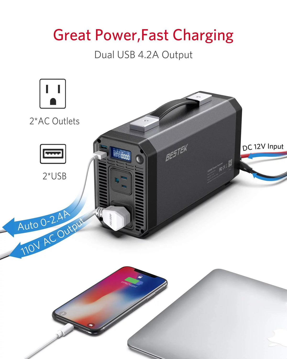 1200W Power Inverter DC 12V to 110V AC Converter with LCD Display Dual USB Car Charger I7606