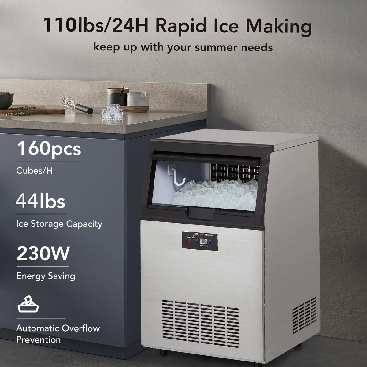 Commercial Ice Machine 130lbs/24H Stainless Steel 44lbs Ice Storage E8614