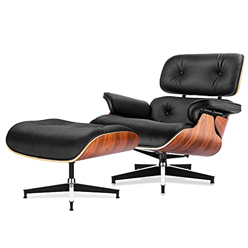 Top Black Grain Leather Palisander Wood Lounge Chair and Ottoman E205483