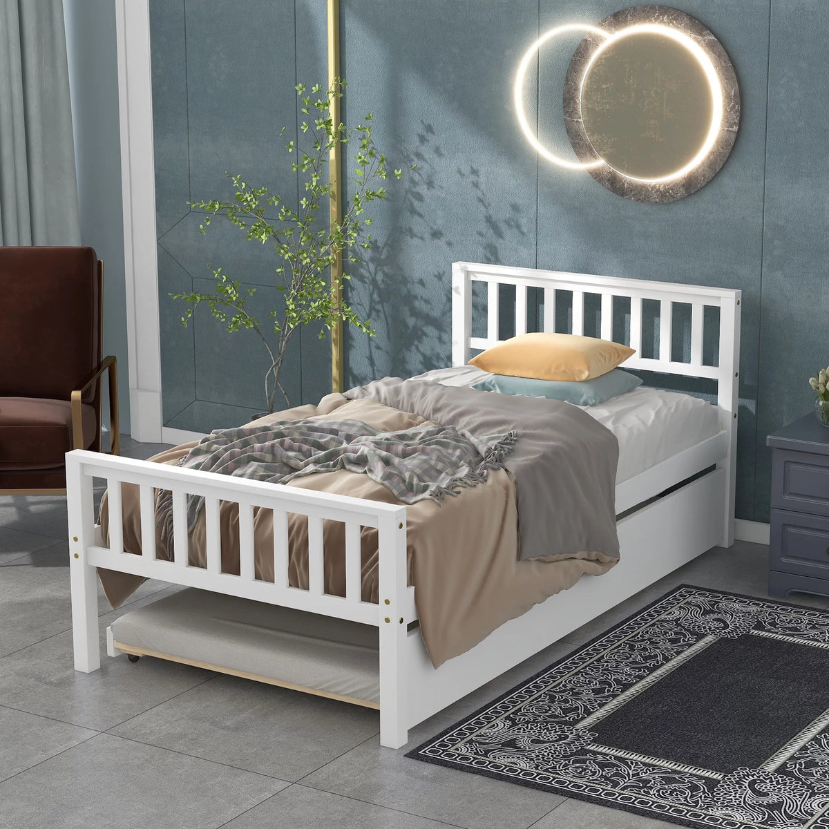 Twin Bed with Trundle and Headboard White U3046