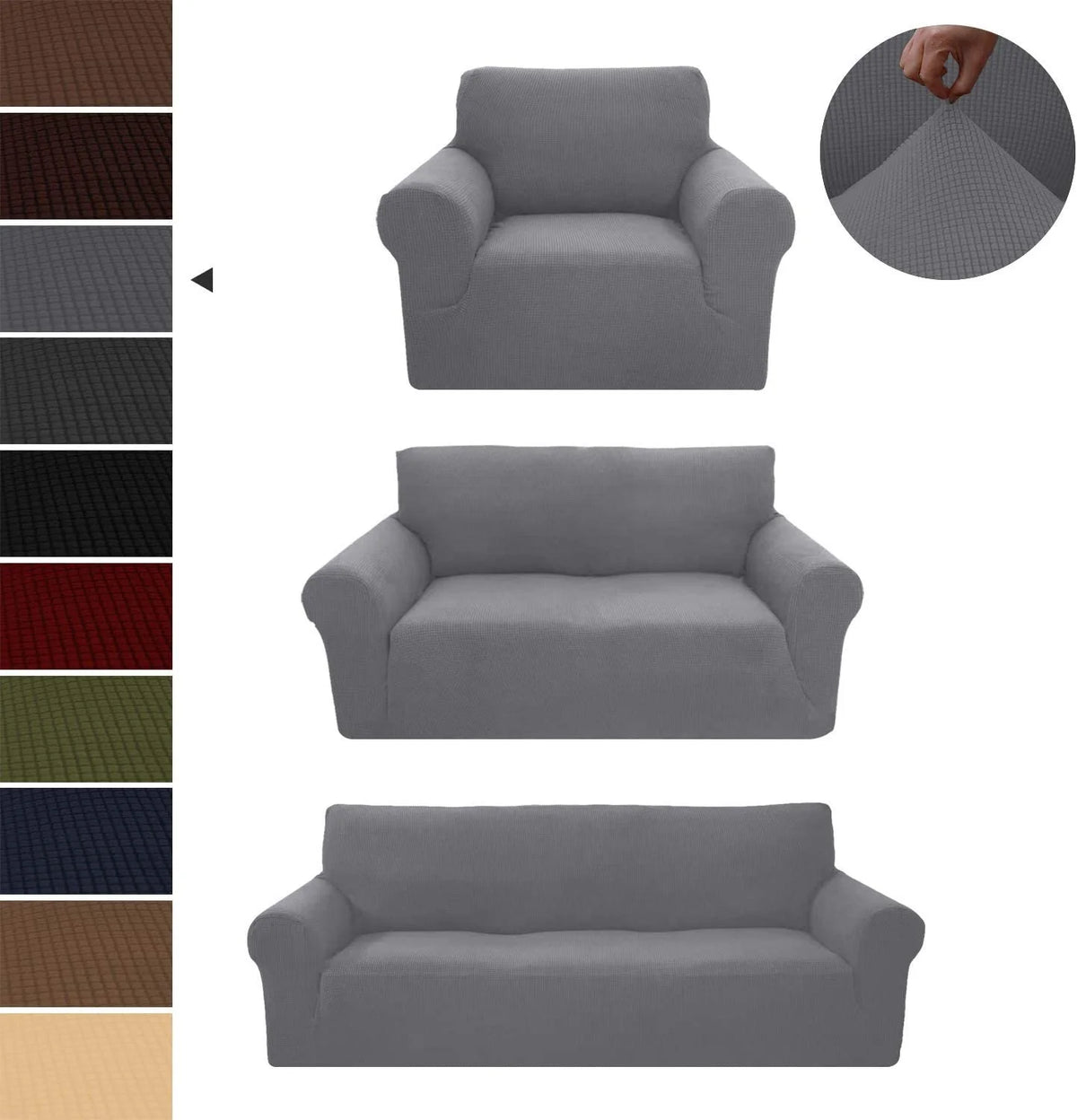 3-Piece Brushed Polyester Spandex SlipCover Set for Sofa Loveseat Couch Arm Chair, Light Gray Q808171