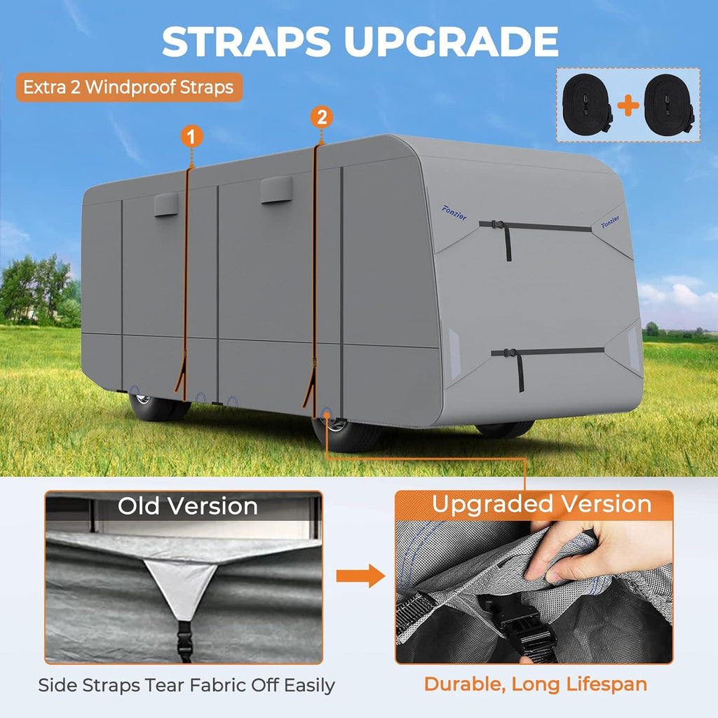 RV Cover for 34’-38’ Motorhome with 2Pcs Extra Straps & Gutter Spout Covers Q234152