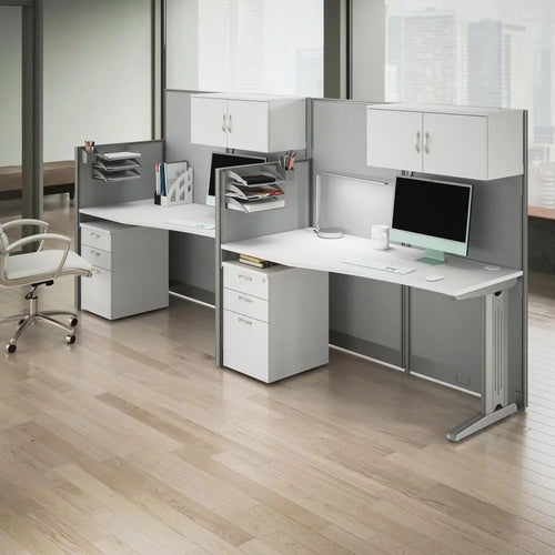 2 Person Cubicle Desk Set in Pure White Engineered Wood U3766
