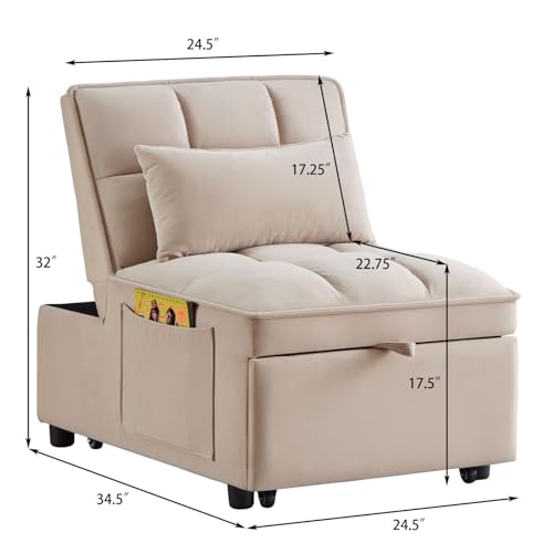 Taupe Velvet Convertible Chair Bed with Adjustable Backrest Z75045