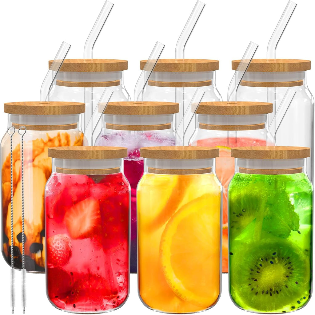 9pcs 16 oz Drinking Glasses with Bamboo Lids and Glass Straw I4896