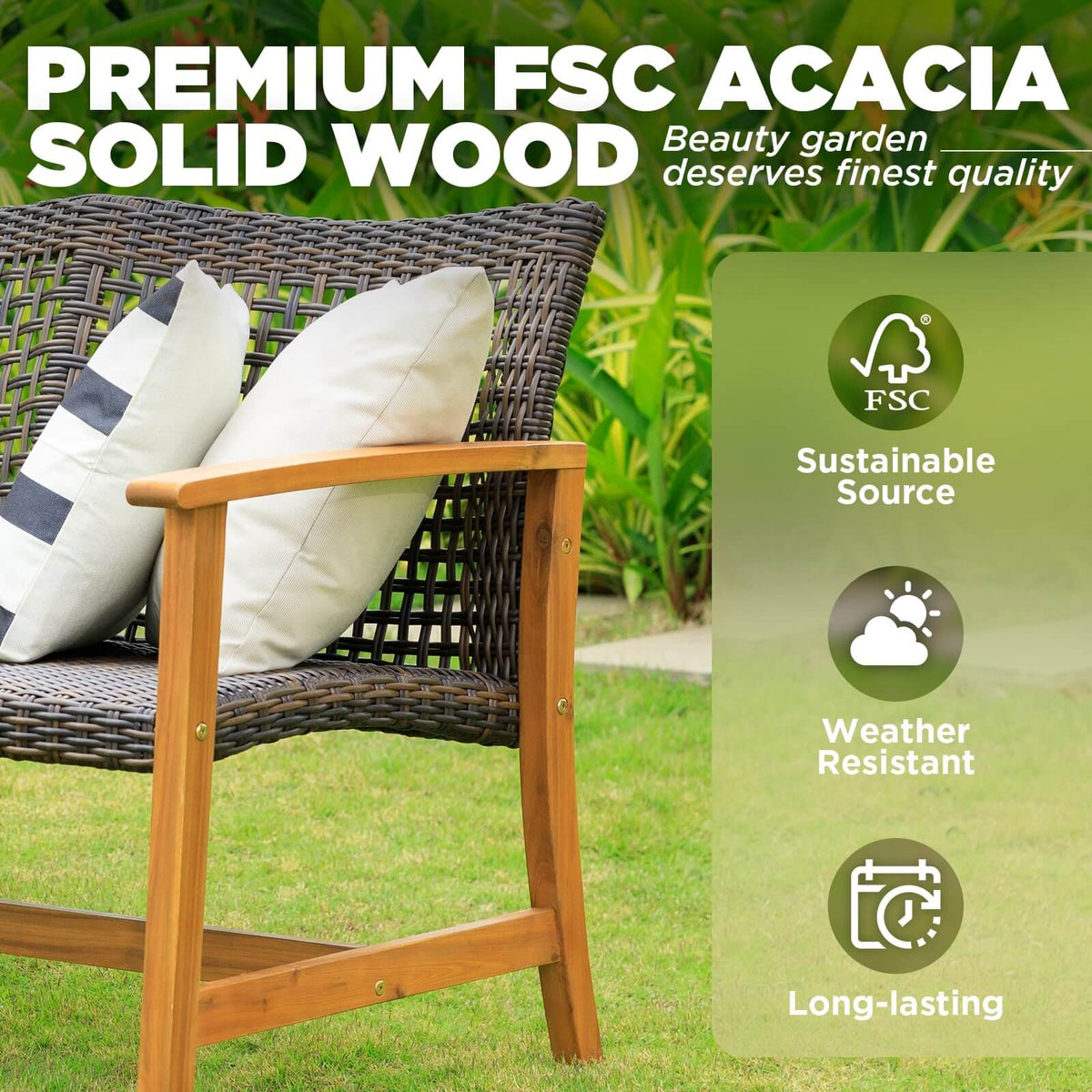 Teak Finish Acacia Patio Wicker Sofa Couch T686