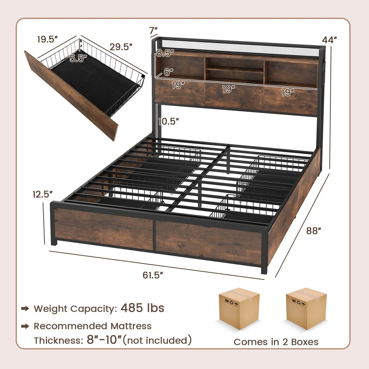 Queen Size Bed Frame with Bookcase Headboard and 4 Storage Drawers F9712