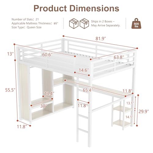 Queen Heavy Duty Metal Loft Bed with L-Shaped Desk, Wardrobe & 5 Storage Shelves O9761