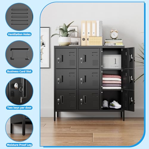 Metal Locker with Padlock and Keys, 9 Doors Black Steel Storage Locker Cabinet P5748