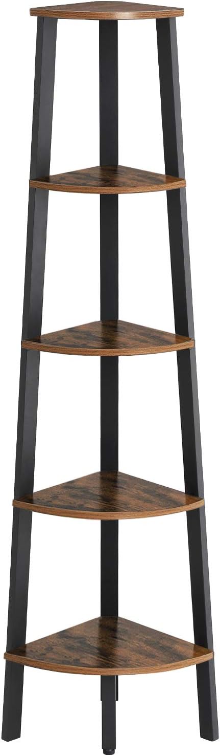 Rustic Dark Brown 5-Tier Ladder Shelf with Metal Frame L5067
