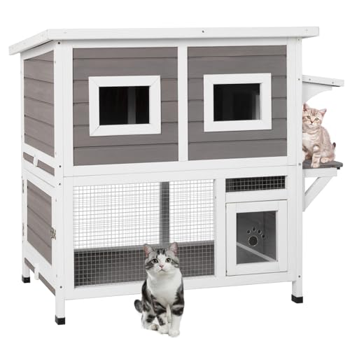 Two Story Wooden Cat House with Climbing Ladder F2859