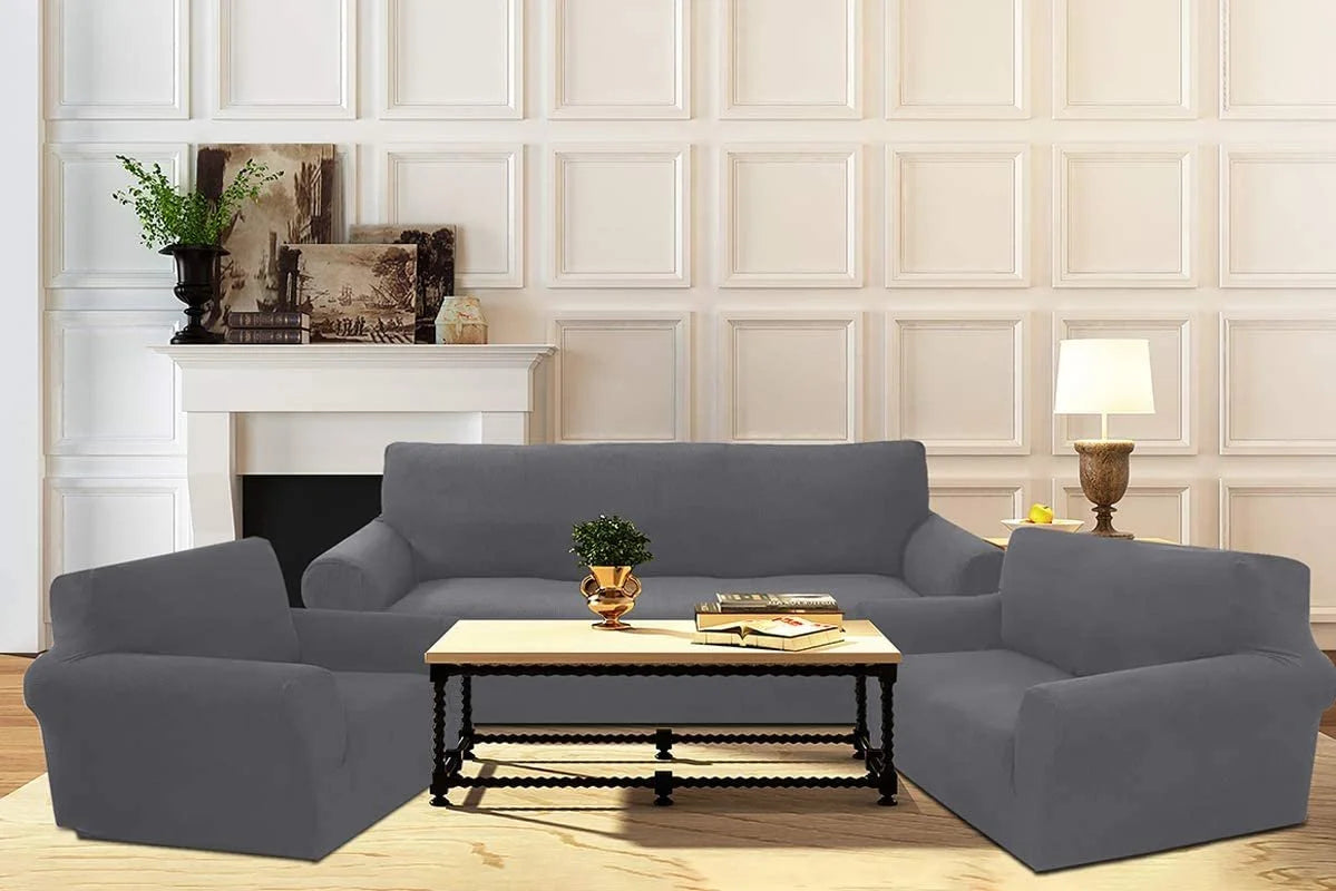3-Piece Brushed Polyester Spandex SlipCover Set for Sofa Loveseat Couch Arm Chair, Light Gray Q808171