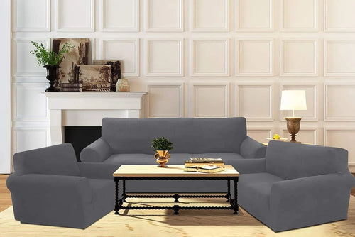 3-Piece Brushed Polyester Spandex SlipCover Set for Sofa Loveseat Couch Arm Chair, Light Gray Q808171