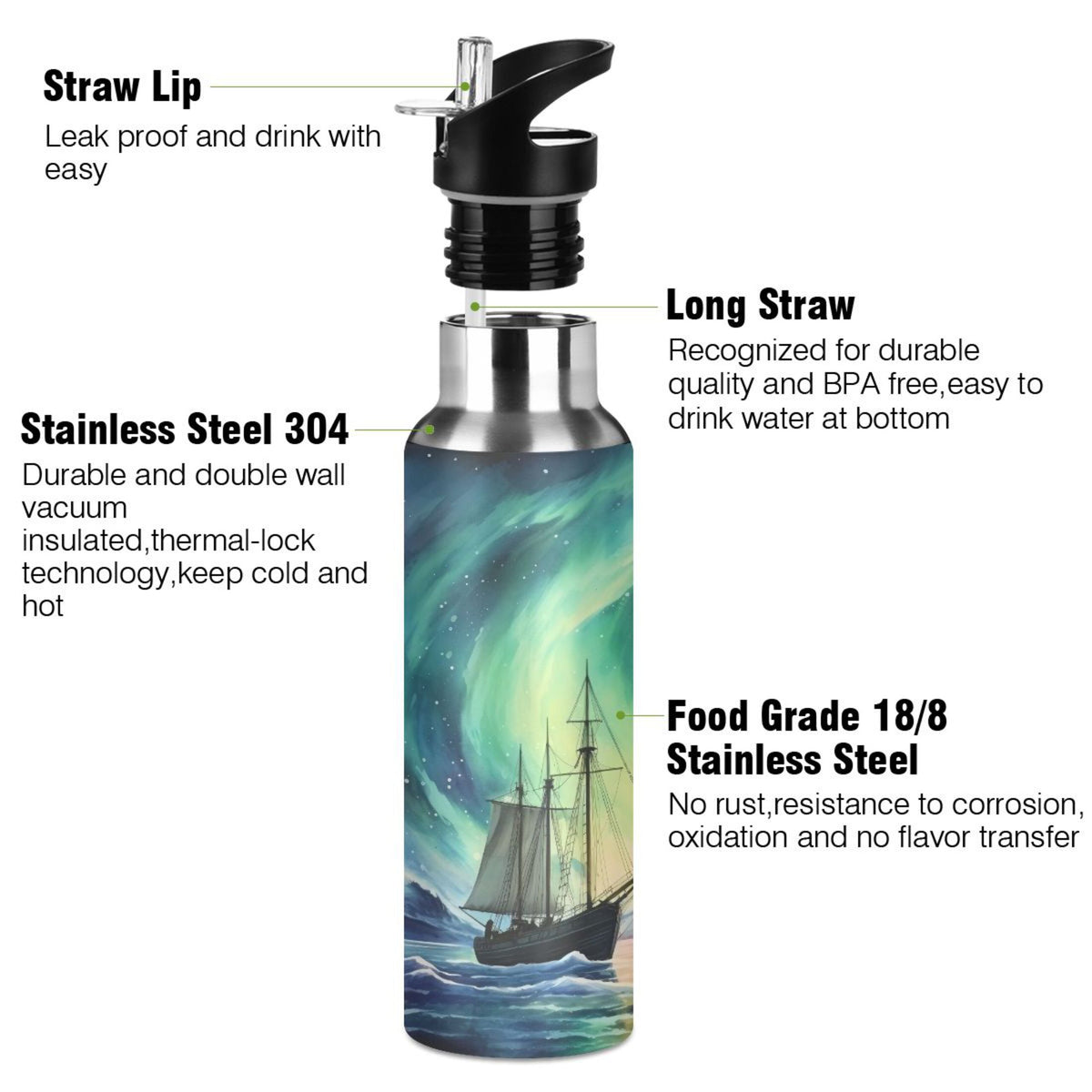 Stainless Steel Insulated Thermos Vacuum Flask Water Bottle with Straw Lid A75511