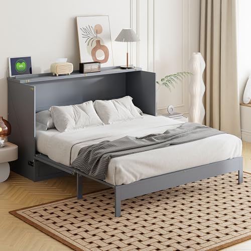 Queen Size Murphy Bed Cabinet Wall Bed with USB and Storage Drawer O4695