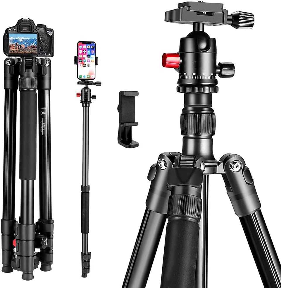 Camera Tripod with Phone Mount, 65 DSLR Tripod, Ball Head, Monopod, Carry Bag, Black R721314