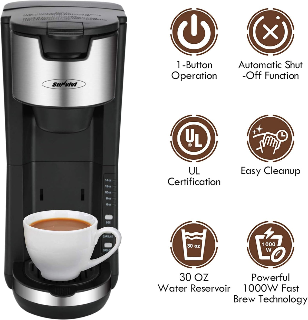 Single Serve Coffee Maker with Adjustable Drip Tray 30oz Removable Reservoir I489598