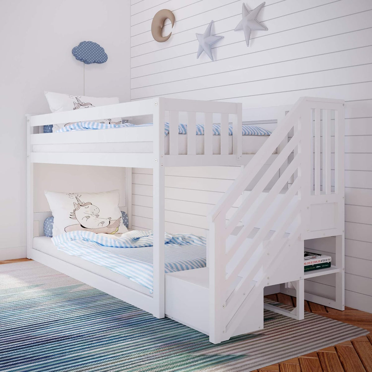 White Twin Low Bunk Bed with Staircase B454