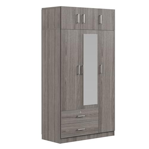 6-Door Wooden Armoire Wardrobe Closet with Mirror, 2 Drawers, 1 Hanging Rod U651